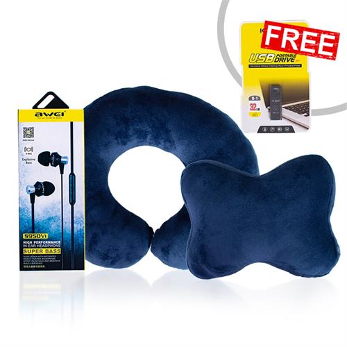 High- tech hero kit with klgo usb drive - (awei earphone/ car seat neck rest/ travel neck rest pillow)