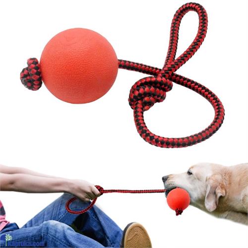 Red Solid Rubber Ball With Interactive Nylon Rope Handle Interactive Tug Dog Toy Fetch Toy Play Ball