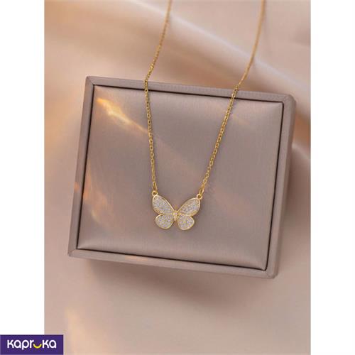 Stainless Steel Gold Plated Butterfly Zircon Pendant Necklace