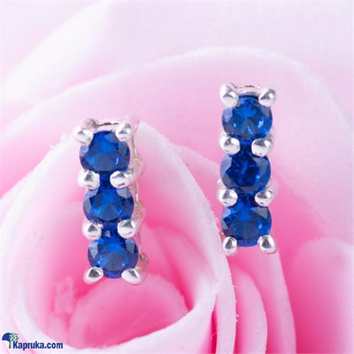 Block Ear Stud In 925 Sterling Silver Studded With Synthetic Blue Stones