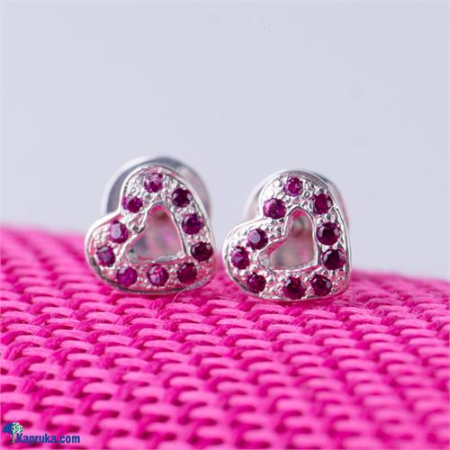 Heart Ear Stud In 925 Sterling Silver Studded With Pink Cubic Zirconia Stones