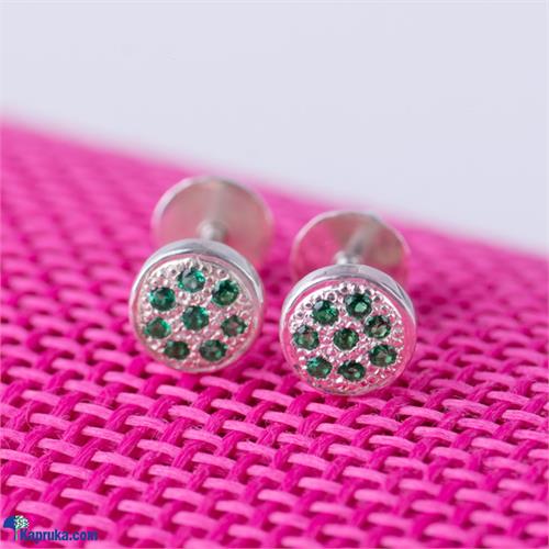 Round Ear Stud In 925 Sterling Silver Studded With Green Cubic Zirconia Stones