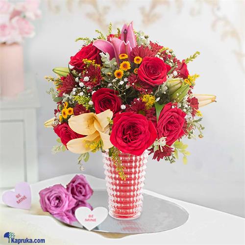 Radiant Love Vase Filled Wth 12 Red Roses , Lily And Gerberas