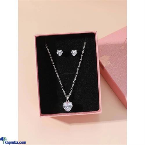 Cubic Zirconia Heart Pendant Necklace & Stud Earrings