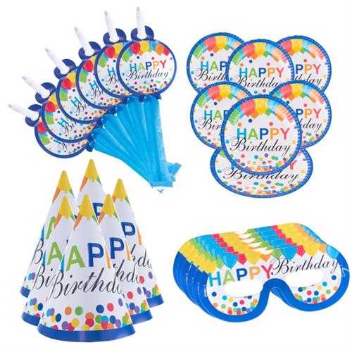 4 In 1 blue Birthday Celebration Pack With Eye Masks, Paper Cups, Hats, Plates And Blowout Whistles 0832064