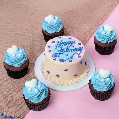 Celebratory Duo Blue - Happy Birthday Mini Bento Chocolate Cake And Cupcake