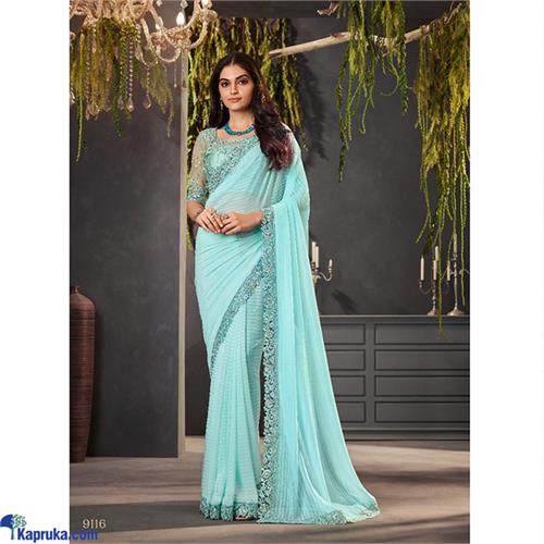 Firozi Shimmer Georgette Patch Border Work Trendy Saree