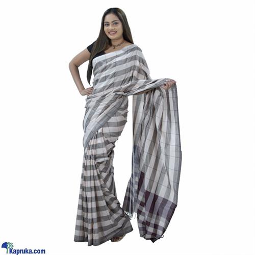 White And Brown Checked Rayon Mixed Cotton Saree- S2007