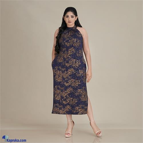 Black - Gold Printed Cutaway Stretchy Long Dress