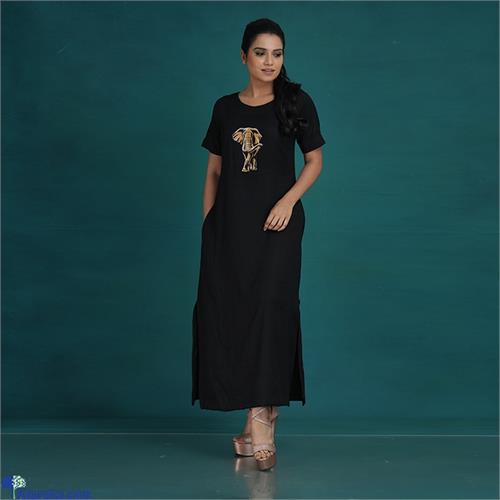 Black Rayon Front Elephant Embroidery Dress