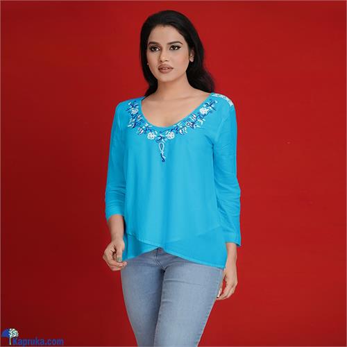 Blue Cotton Silk Floral Vine Neckembroidery Top