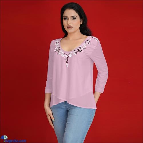 Pink Cotton Silk Floral Vine Neck Embroidery Top