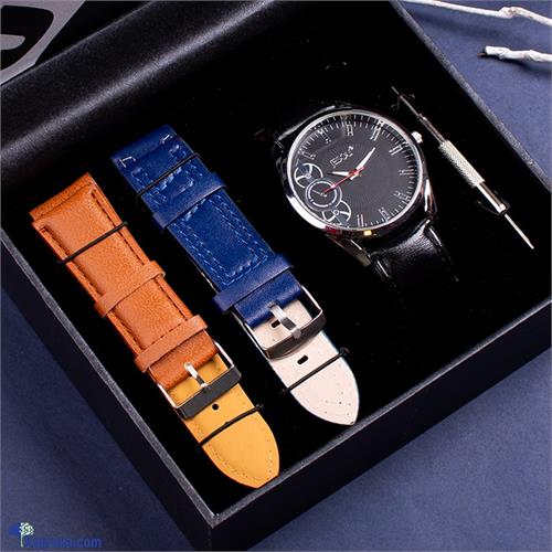 Gents Black Dial Watch With Dual Interchangeable Straps