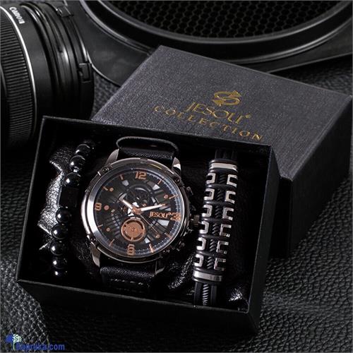 Wrist Wear Wonders Black Leather Belt Gold And Black Dial Watch Set