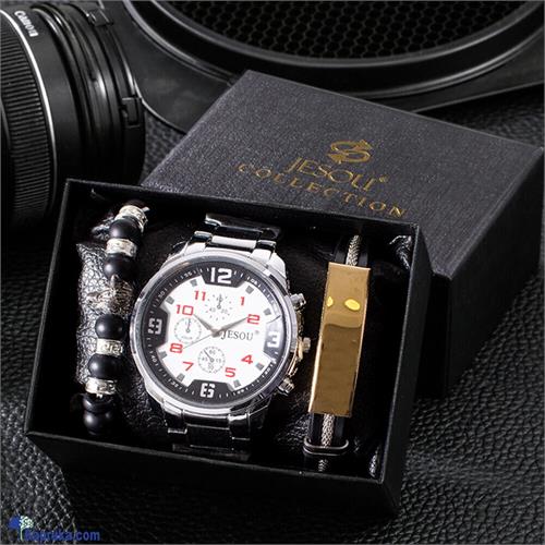 Wrist Wear Wonders Silver Belt White And Red Dial Watch Set