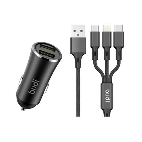 Budi 12W Dual Port USB 3-in-1 Car Charger with Cable