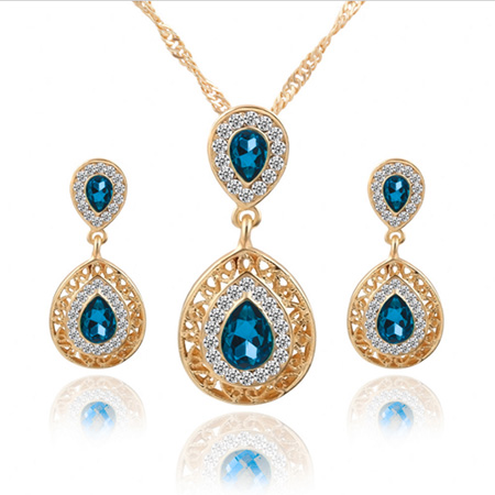 Charm Crystal Water Drop Pendant Jewelry Set Blue