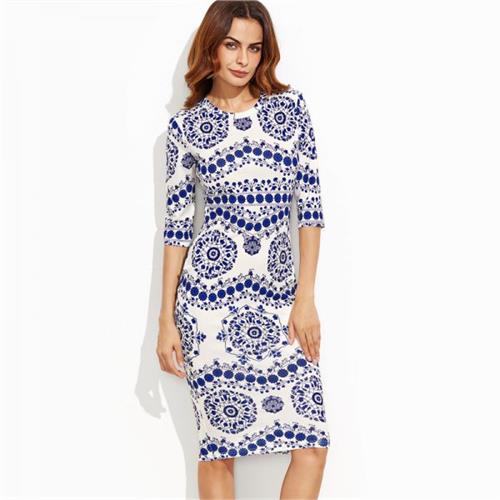 Womens Porcelain Print Pencil Dress