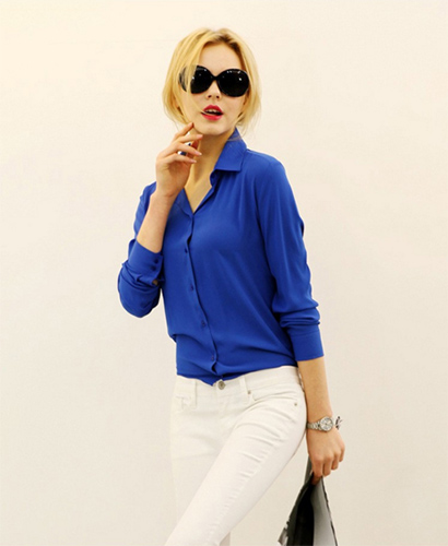 Womens Long Sleeve Chiffon Shirt Blue