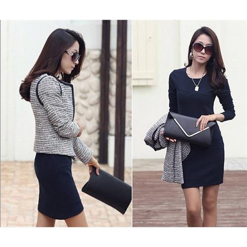 Women Long Sleeve Pleat Office Wear Dress Blue