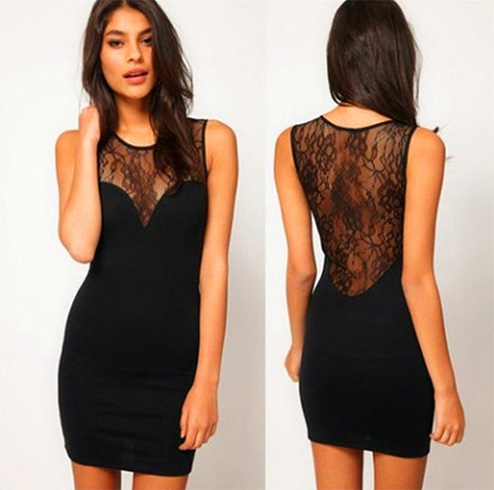 Women See-Through Sleeveless Splice Lace Party Cocktail Mini Dress