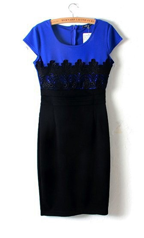 Womens Lace Bodycon Round Neck Dress Blue