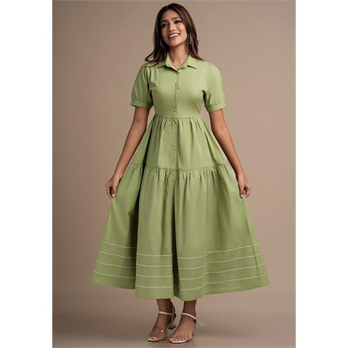 AVA GREEN DRESS WITH DECORATIVE LINES