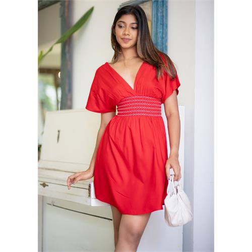 CASSANDRA DEEP NECK RED DRESS