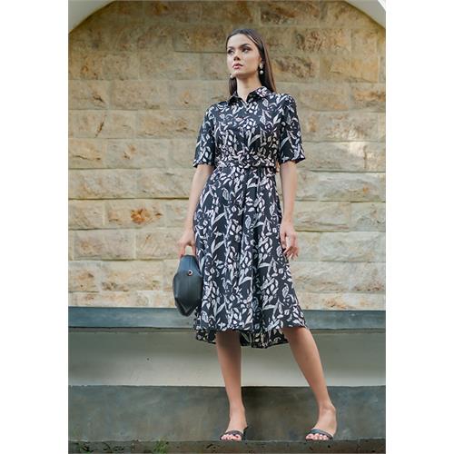 FLARA BLACK PRINTED OFF WHITE DRESS