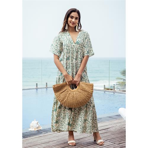 JENNY V NECK GREEN & WHITE DRESS