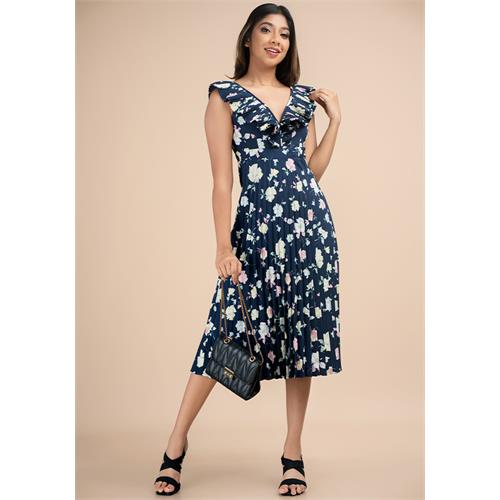 LORENA NAVY PRINTED PLEATED DRESS