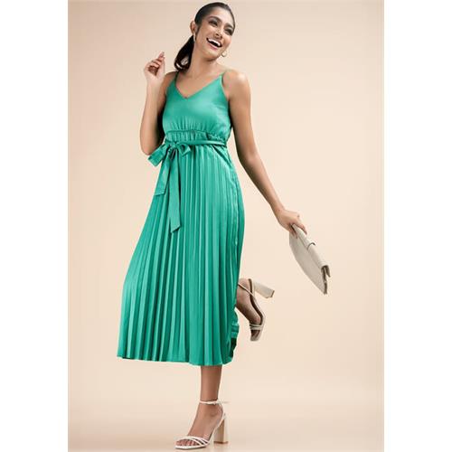 PLEATED GREEN STRAPPY DRESS