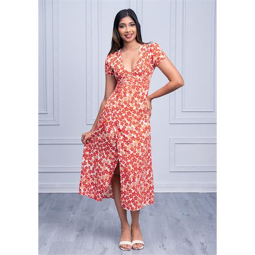 V CUT FLORAL MIDI DRESS