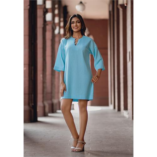 V NECK OVERSIZED BLUE SHIRT DRESS