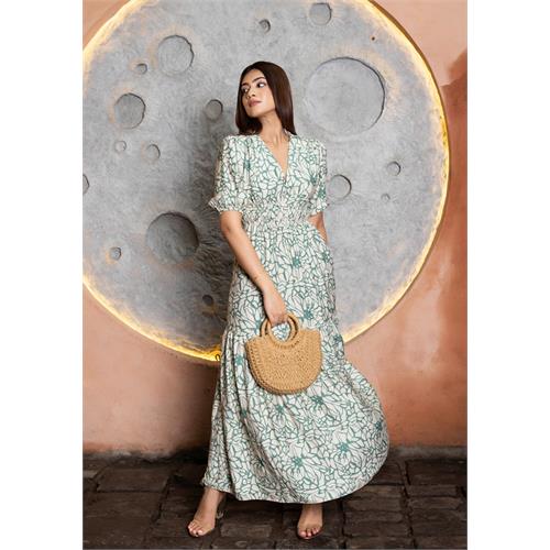 NOVA GREEN AND WHITE PRINTED DRESS