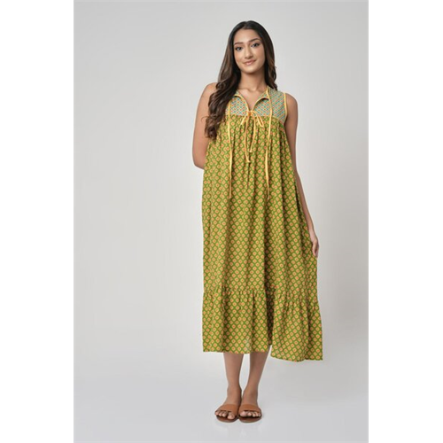 Cotton Collection Cotton Green Printed Boho Dress By Coco