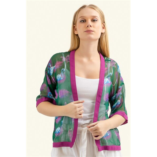 Odel Green And Purple Flamingo Printed Cardigan