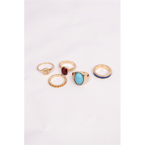 Backstage Gold, Blue And Red Stone Detailed Set Of Rings