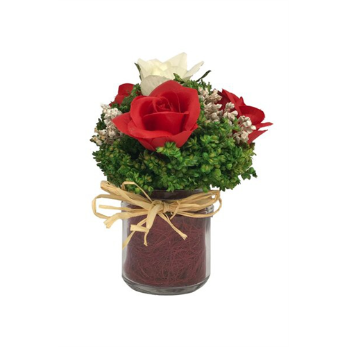 Odel Red Rose & Green Leavers Arrangement In Clear Glass Base