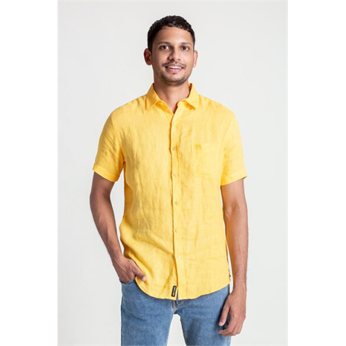 Luv SL Yellow Linen Elephant Embroidery Men's Short Sleeves Shirt