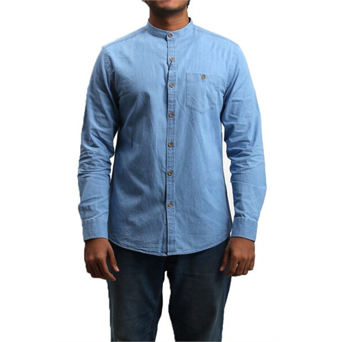 Odel Dark Blue Denim Mandarin Collar Slim Fit Long Sleeves Shirt