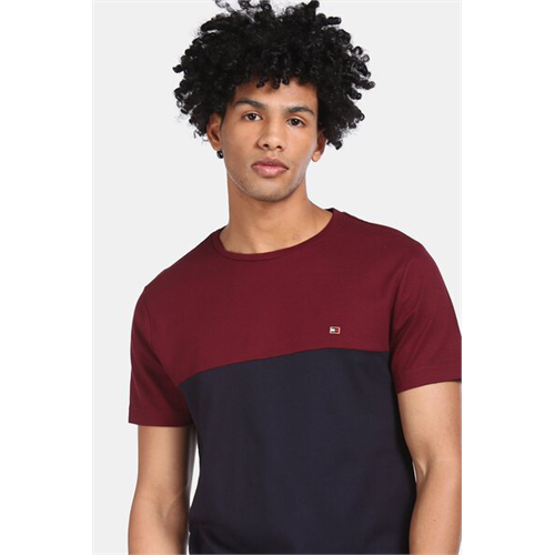 Tommy Hilfiger Men's Maroon And Navy Cotton Colour Block T-Shirt