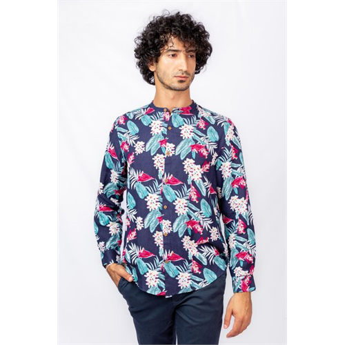 Cotton Collection Blue Printed L/S Mandarin Collar Shirt By Coco