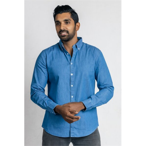 Premium Indigo Slim Fit Long Sleeve Mid Wash Shirt