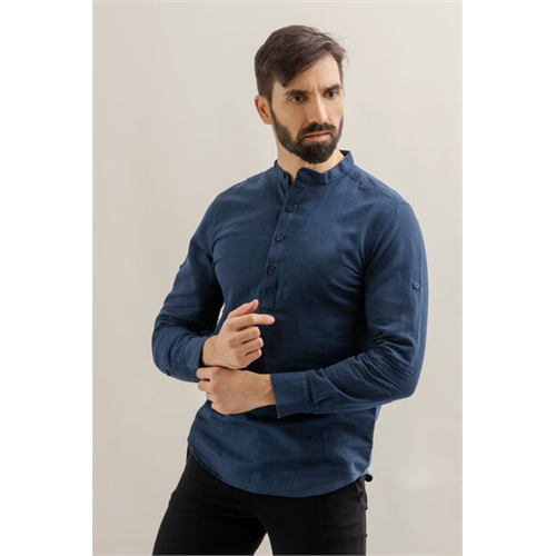 Premium Mandarin Collar Slim Fit Long Sleeve Linen Shirt