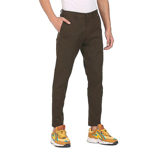 US Polo Men Dark Brown Flat Front Solid Casual Trousers