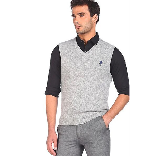 US Polo Men Grey Sleeveless Heathered Sweater