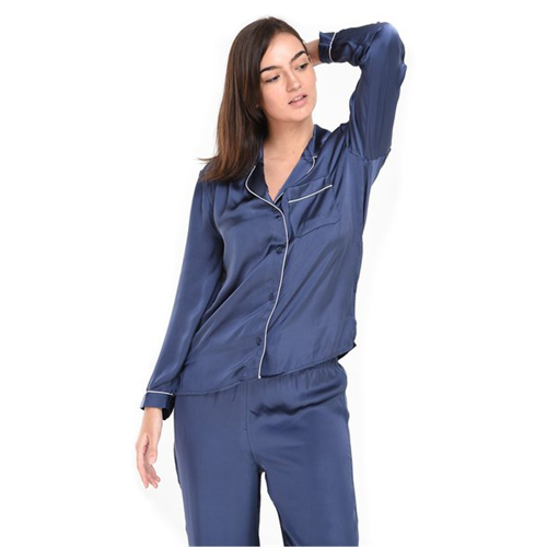 Mackly Blue Long Sleeves Button Front Satin Pyjama Set