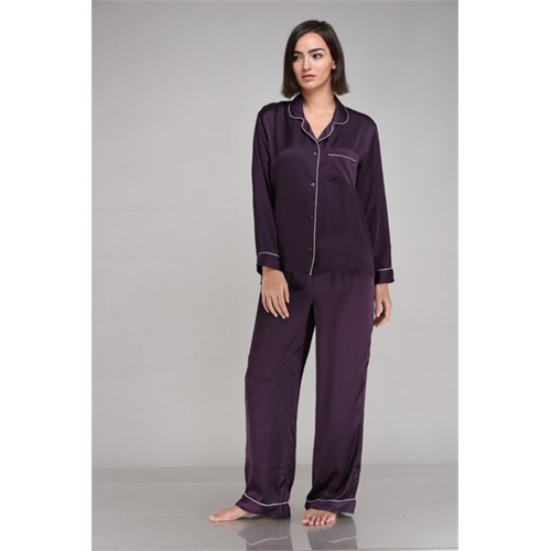 Mackly Purple Long Sleeves Button Front Satin Pyjama Set