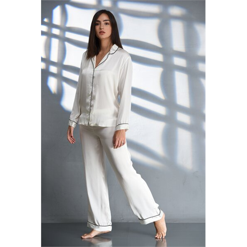 Mackly White Button Front Long Sleeves Satin Pijama Set By Seda